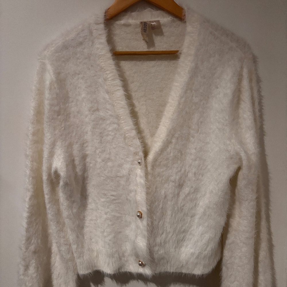 Medium White Divided Cardigan with Pearl Accent Buttons